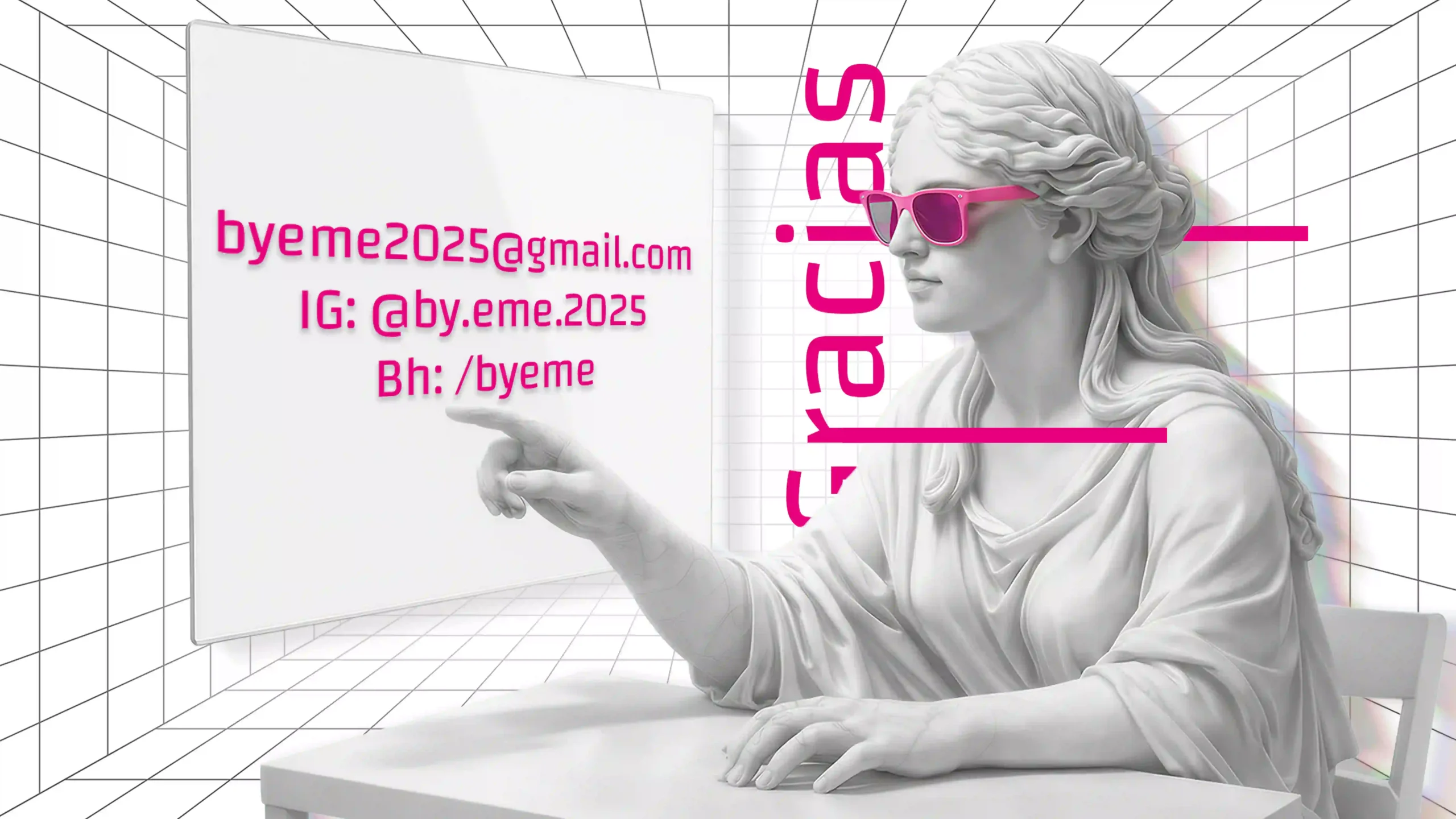 Imagen de contacto de By Eme Design, basada en una estatua clásica reinterpretada con elementos digitales y acentos fucsia. Contacto.