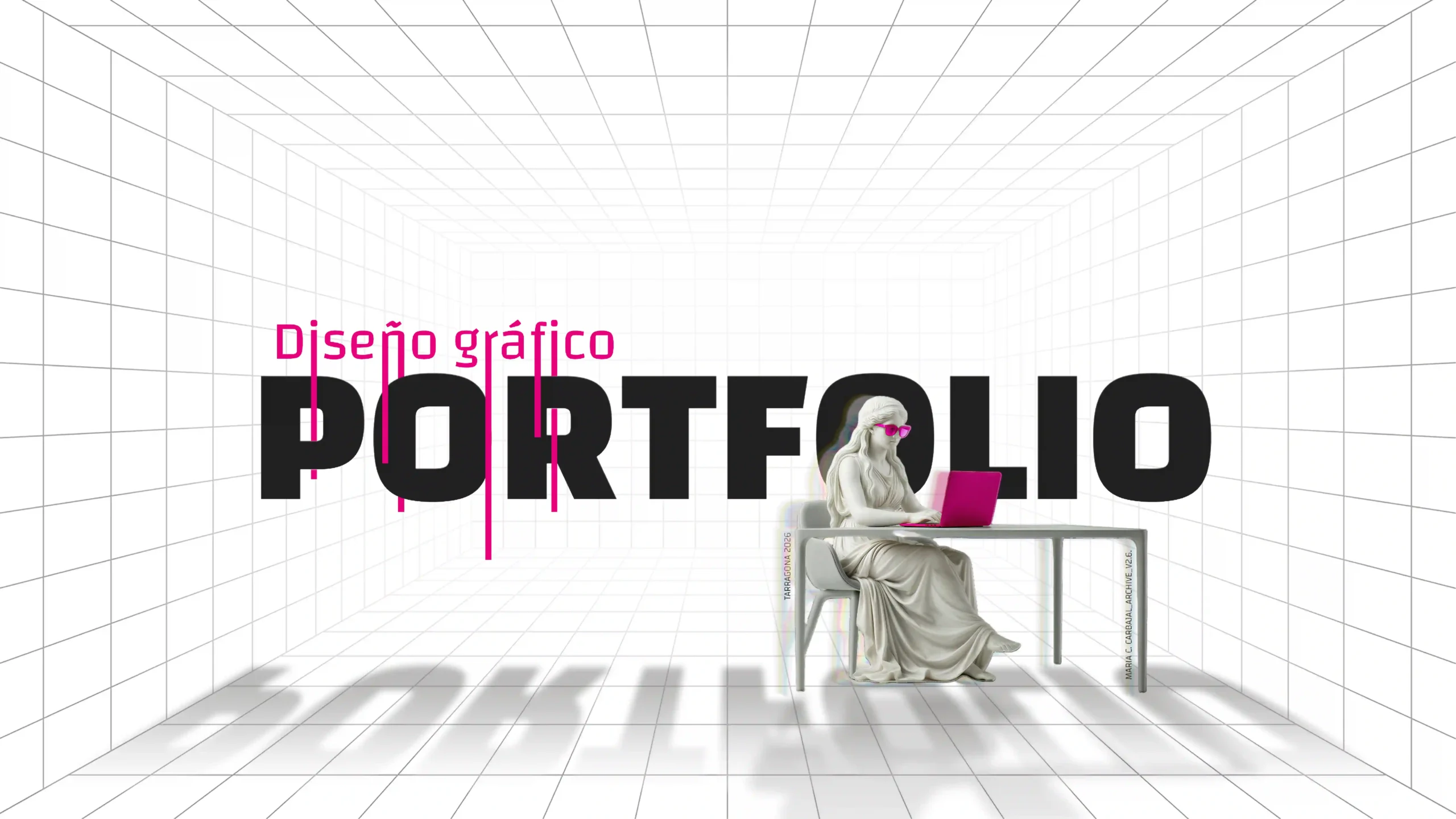 Imagen del portfolio By Eme Design, basada en una estatua clásica reinterpretada con elementos digitales y acentos fucsia. Contacto.
